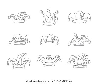 Jester dumm, dass die Symbole gesetzt sind. Umfassende Illustration von 9 Jester-Narren, die Vektorsymbole für das Web