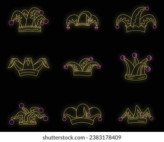 Jester fools hat icons set. Outline illustration of 9 Jester fools hat vector icons neon color on black