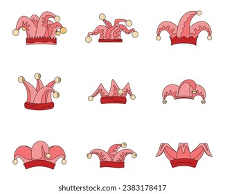 Jester fools hat icons set. Outline illustration of 9 Jester fools hat vector icons thin line color flat on white