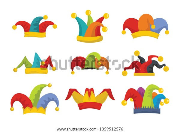Jester fools hat icons set. Flat\
illustration of 9 Jester fools hat vector icons for\
web
