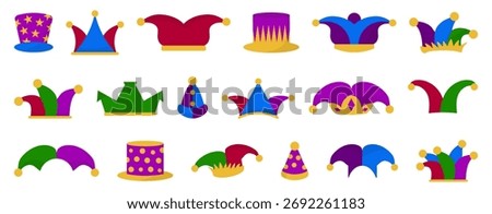 Jester hat collection in bright carnival colors. Funny joker and clown headwear icons for festival, entertainment or theater themes