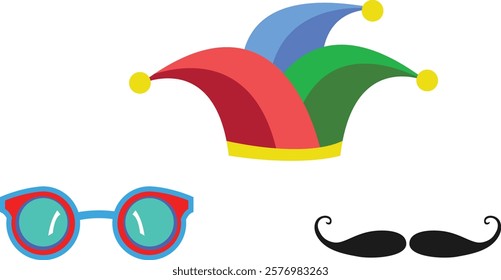  jester hat, colorful glasses, and a black mustache, perfect for humorous or festive designs.