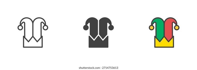 Jester hat entretenimento medieval diferente estilo ícone conjunto. Linha, contorno preenchido e ícone de vetor de cor sólida. Símbolo tolo, símbolo de carnaval, ícone de teatro.