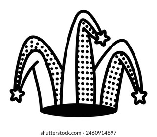 Jester hat, monochrome harlequin cap, joker costume part, single vector black line illustration