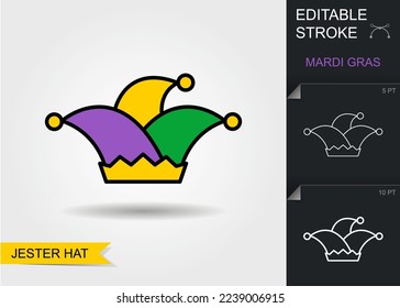 Jester hat. Outline icon with editable stroke. Linear Mardi Gras Symbol with shadow