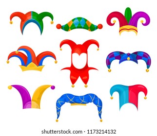 Jester hat set. Head party decoration for a fool, an entertainer funny bright costume. Vector jester clothes illustration on white background