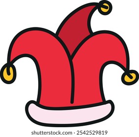 Jester hat with three points and bells, red and pink, simple design.