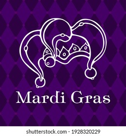 Jester hat Vector Illustration with Mardi Gras lettering. Carnival Background for a traditional holiday, festival, party, greeting card, or invitation