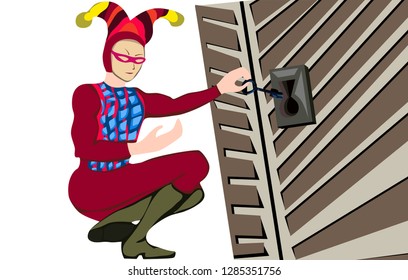 Jester holds the key at the keyhole. Abstract vector illustration. For masquerade and carnival