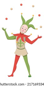 Jester joggling balls. Funny laughing medieval character