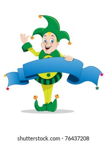 Jester joker holding a blue banner on a white background