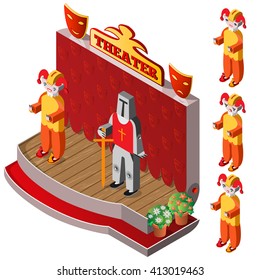Jester and king on theater stage. Jester with different facial expressions. Isometric icon set. Vector illustration.