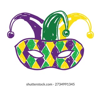 Jester mask Mardi Gras icon in purple, green and gold inspired by carnival and masquerade traditions. Perfect for festival themes, party designs, decorations, events, posters and seasonal celebration graphics.