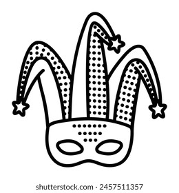 Jester masquerade mask with a hat, harlequin costume part, single vector black line icon