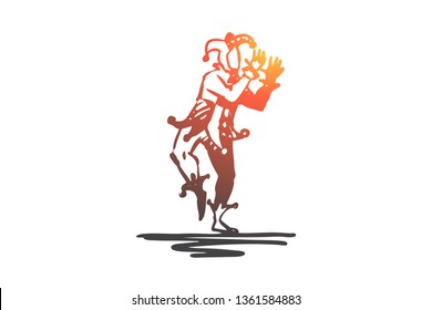 Jester, medieval, character, hat, clown concept. Hand drawn jester in comic dress concept sketch. Isolated vector illustration.