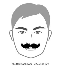 Jester bigote barba El estilo Poirot los hombres se enfrentan a la ilustración Cabello facial. Retrato negro vectorial masculino Moda plantilla de barbería plana. Elegante corte de pelo con contorno aislado sobre fondo blanco.