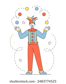 Jester perform concept. Man in bright clothes and clown mask juggles balls. Clow performs in circus or at carnival. Humor and jokes. Linear flat vector illustration isolated on white background