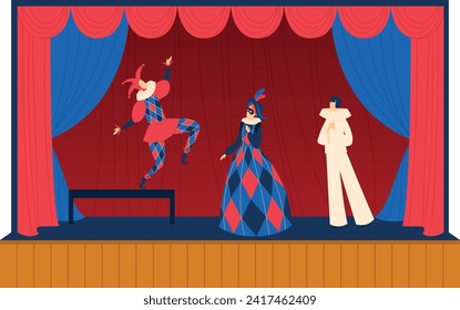 Jester performs tricks on stage with harlequin and magician during medieval show. Theatre performance with entertainers in costumes. Renaissance carnival, vintage circus vector illustration.