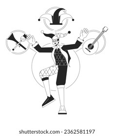 Jester person archetype bw concept vector spot illustration. Joker entertains by musical instrument 2D cartoon flat line monochromatic character for web UI design. Editable isolated outline hero image