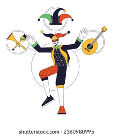 Jester person archetype flat line concept vector hero illustration. Joker entertains with musical instrument 2D cartoon outline character on white for web UI design. Editable isolated color hero image