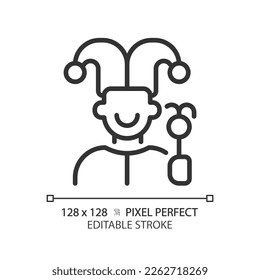 Jester pixel perfect linear icon. Archetype. Personality trait. Funny and spontaneous character. Psychoanalytic theory. Thin line illustration. Contour symbol. Vector outline drawing. Editable stroke