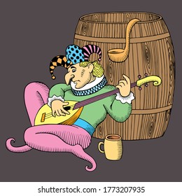 Jester playing on mandolin. Jester sits near the barrel.