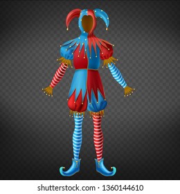 Jester red and blue costume with bells on horned hat, striped leggings and twisted toe shoes 3d realistic vector isolated on transparent background. Masquerade, costumed party dressing illustration