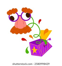 Jester springing from a jack-in-the-box vector illustration. Eyeglasses with fake nose and mustache for April jokes. Ideal for stickers, greeting cards, party decorations