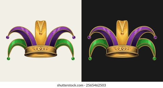 Jester tomfool hat. Design element for harlequin, clown costume, dress. Mardi Gras tradition colors. Detailed illustration in vintage style.