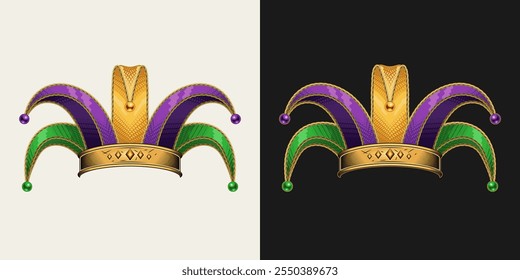 Jester tomfool hat for harlequin, clown costume, dress. Mardi Gras traditional colors. Detailed illustration in vintage style. Design element is easy to combine with head, any face. Front view.