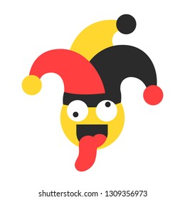 Jester toy smile emoji in joker hat icon. April fool's day stuff