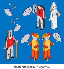 Jester, white lady, headleess knight, knight, heads with different facial expressions and speech bubble. Isometric icon set.  Vector illustration.
Vector illustration.