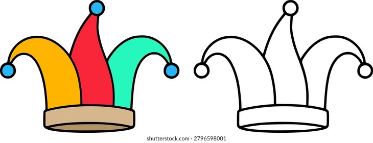 Jester's hat icon illustraton, line art and colored, for coloring page