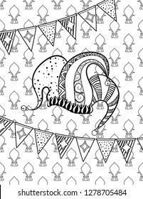 Jester's hat. Mardi Gras coloring page for adult coloring book. Vector illustration.
