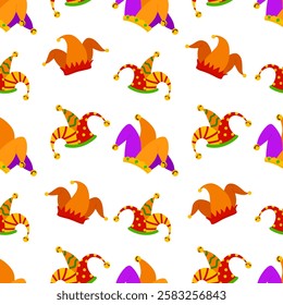 Jester's hat vector seamless pattern. Bright background for April Fool's Day. Traditional clown hat backdrop for Joke Day isolated on white for wrapping, textile, print, web