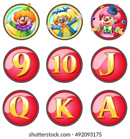 Jesters and letters on round badges illustration