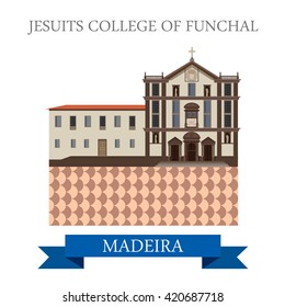 Jesuits' College of Funchal in Madeira. Flat cartoon style historic sight showplace attraction web site vector illustration. World countries cities vacation travel sightseeing Island collection.