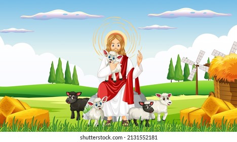 Jesus and animals in farm scene illustration