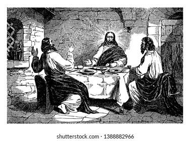 Jesus appears to his disciples at dinner, vintage line drawing or engraving illustration.