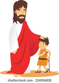 Jesus is approached by ill boy to be healed vector cartoon illustration
