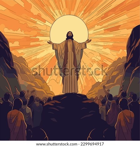 Jesus with arms outstretched among his followers, sunrise rays 商業照片 © 