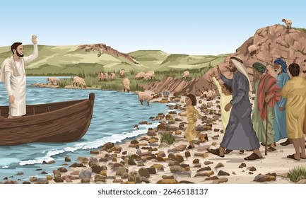 Jesus chegando de barco a um lugar deserto para ser saudado por uma multidão de pessoas.  Ao fundo está um rebanho de ovelhas sem pastor.  Imagem bíblica retratando Alimentação dos 5000 como em Marcos 6:33-34