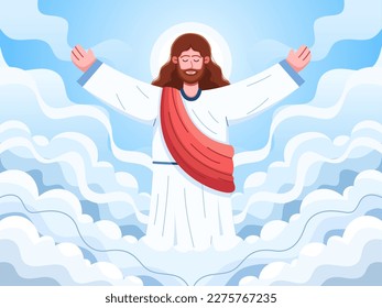 Jesus ascending to heaven on Ascension Day with a blue sky background and white clouds.
Illustration of Ascension Day, featuring Jesus Christ ascending to heaven after his resurrection. svg