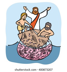 Jesus asks the disciples to cast the net over the right side of the boat
and you will find something. And they found plenty of fish. Gospel of John, New Testament, Holy Bible.
