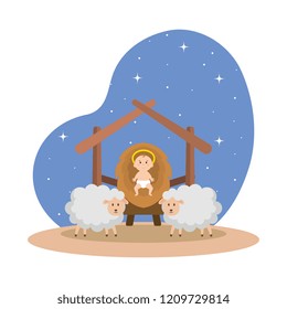 jesus baby in stable with sheeps