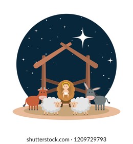 jesus baby in stable with sheeps and animals