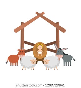 jesus baby in stable with sheeps and animals