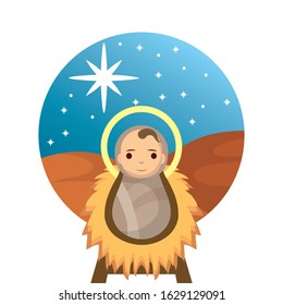 jesus baby in straw cradle manger character vector illustration design