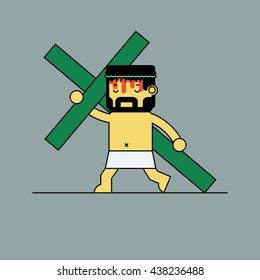Jesus bearing cross, cartoon character.