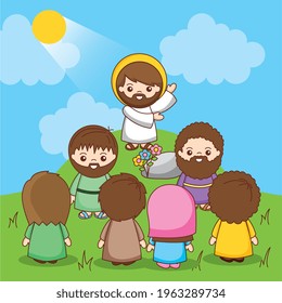 jesus between people on mountain. the announcement of the kingdom of heaven inviting conversion. vector illustration
